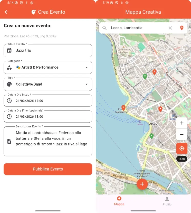 Screenshot dell'app ArtSpark che mostra la mappa eventi